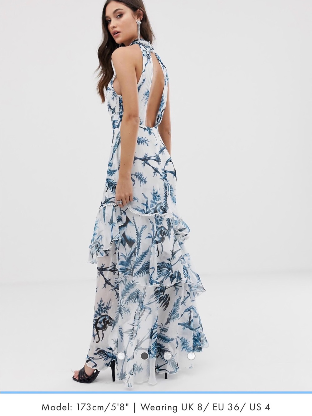 ASOS Blue & White Botanical Ruffle Halter Maxi Dress